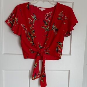 Mine Red Floral Tie-Front Blouse